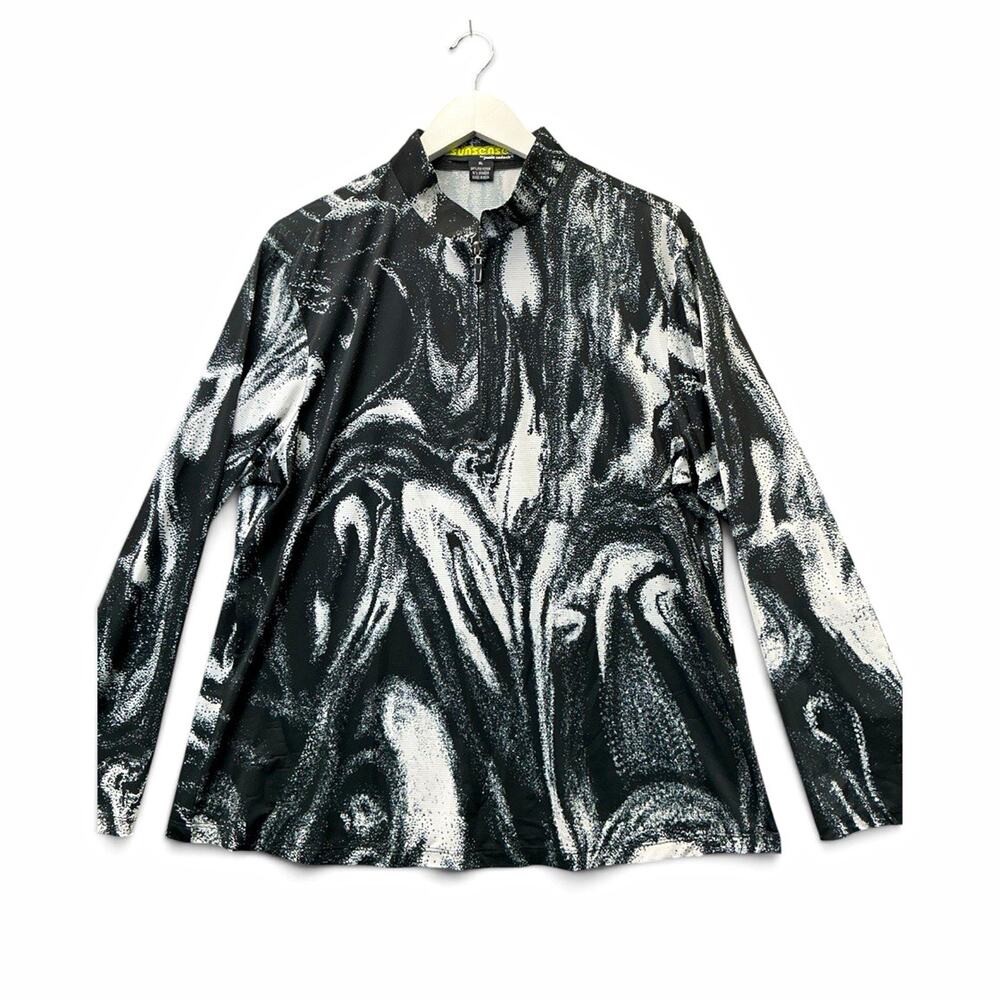 Sunsense Women’s Mock Neck Zip Long Sleeve Abstract Jersey Top Black/White XL